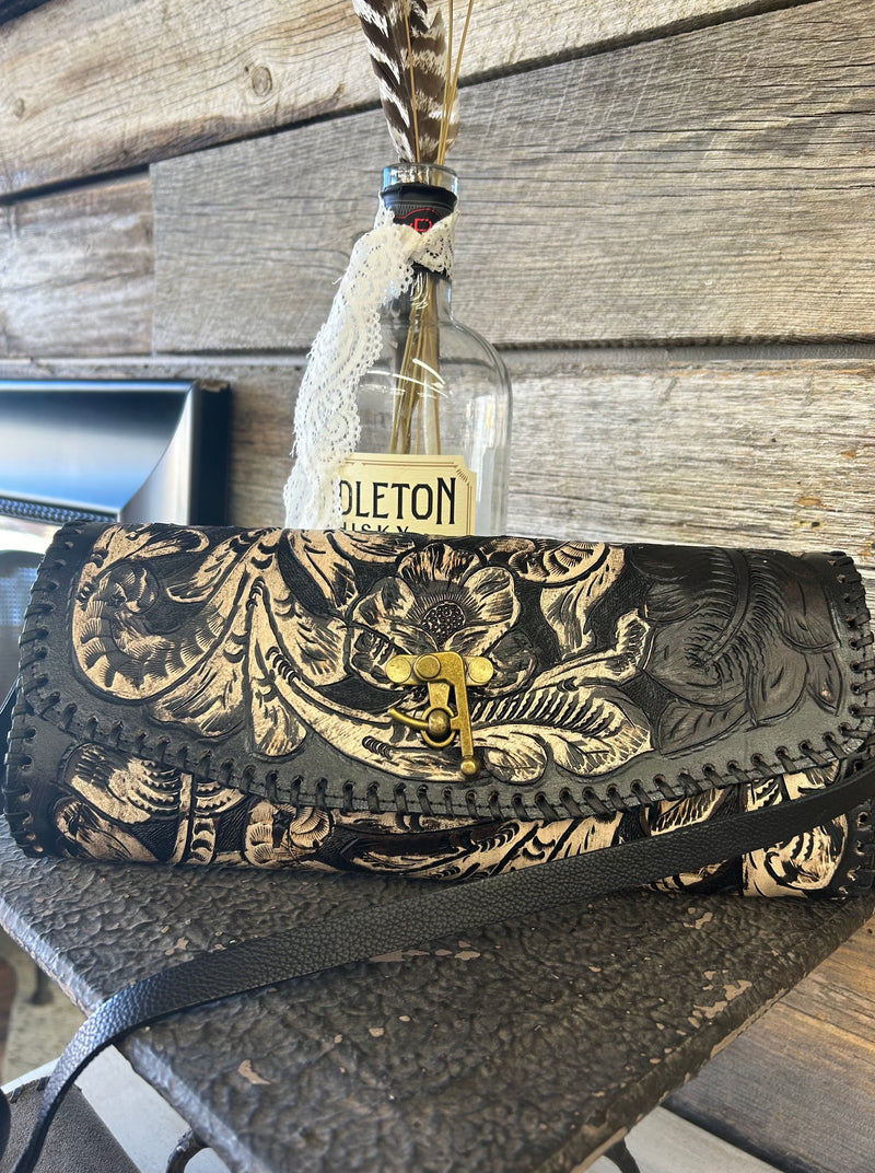 Handpainted Black on Tooled Natural Crossbody Clutch