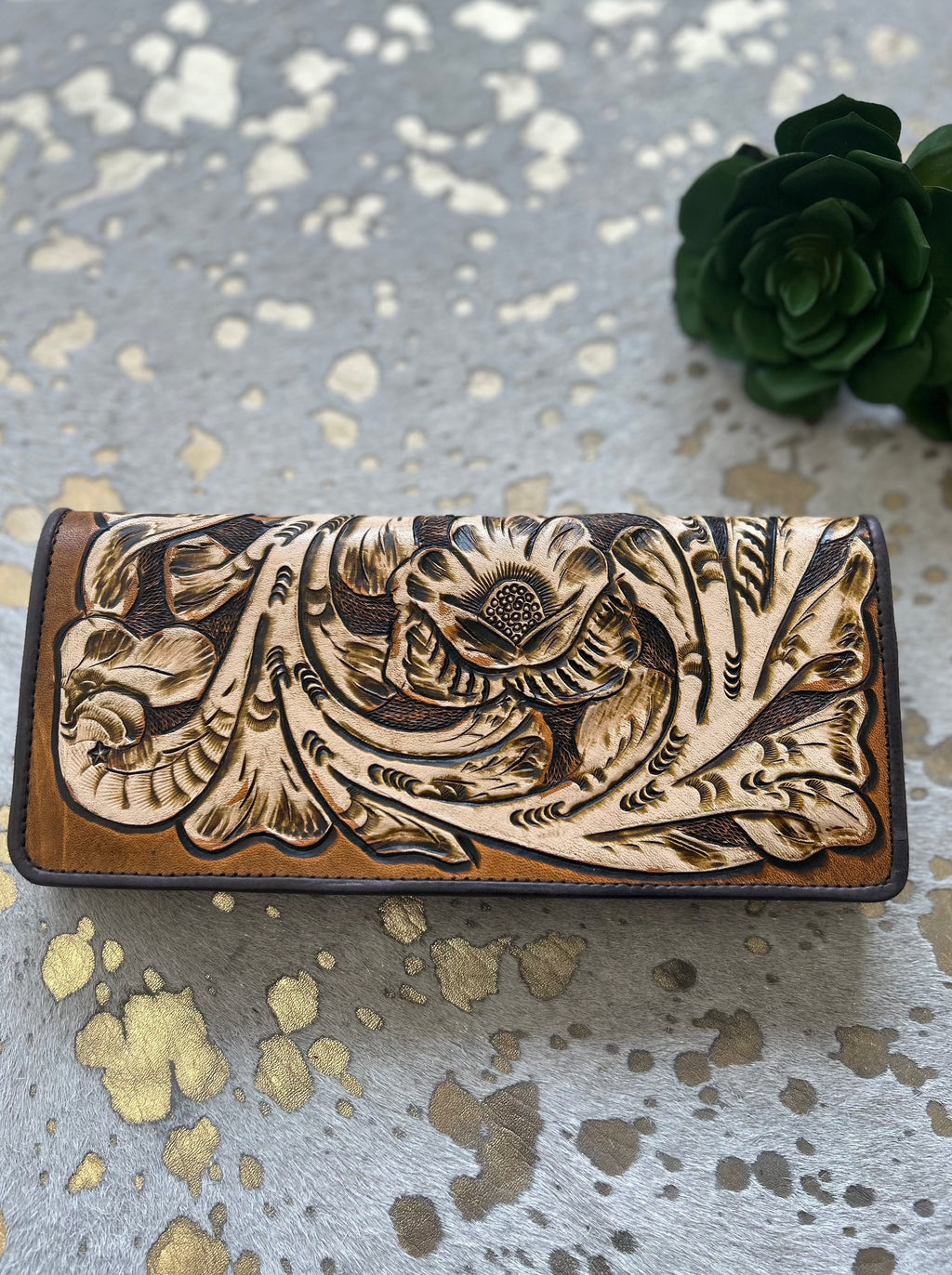 Handpainted Tan on Natural Tooled Leather Wallet Organizer
