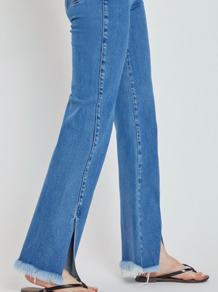 High Rise Front Slit Relaxed Straight Jean - Medium Wash
