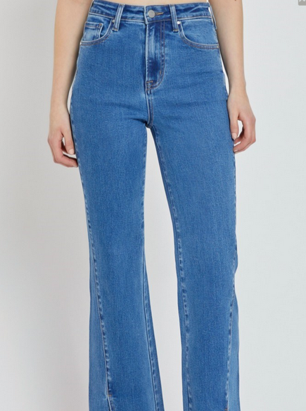 High Rise Front Slit Relaxed Straight Jean - Medium Wash