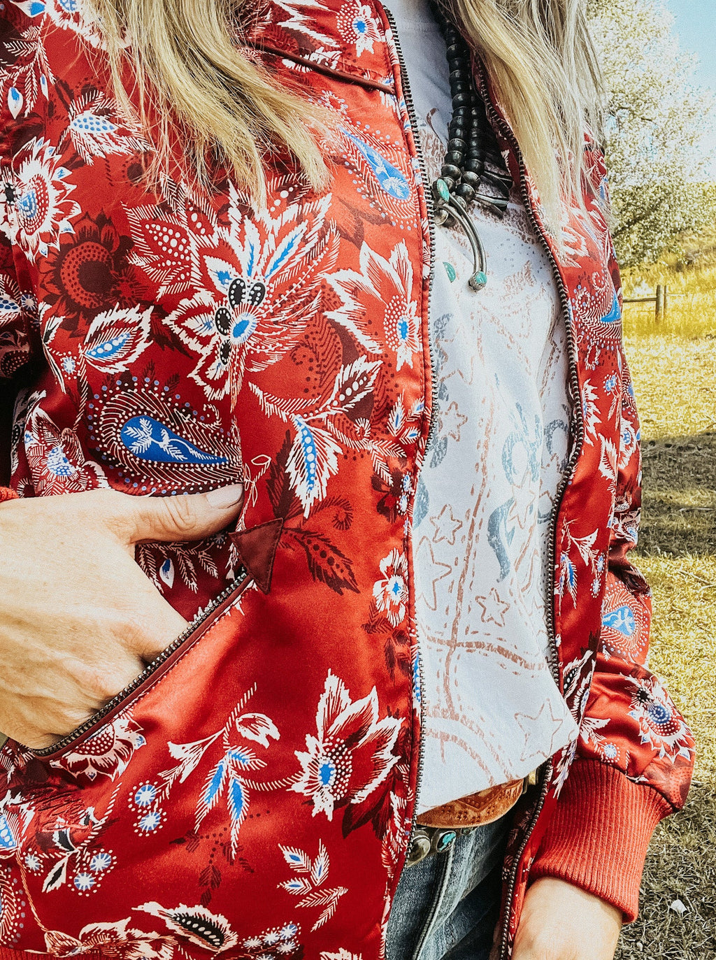 Hooey Red Bomber Jacket with Floral Pattern