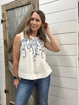 Sleeveless Boat Neck Woven Top with Pintucks