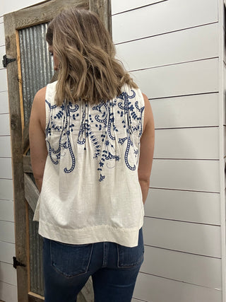 Sleeveless Boat Neck Woven Top with Pintucks