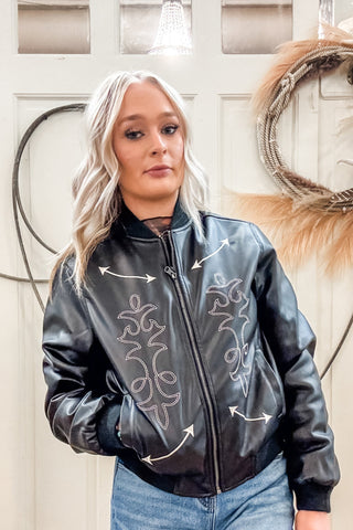Black Pleather Bomber with Applique