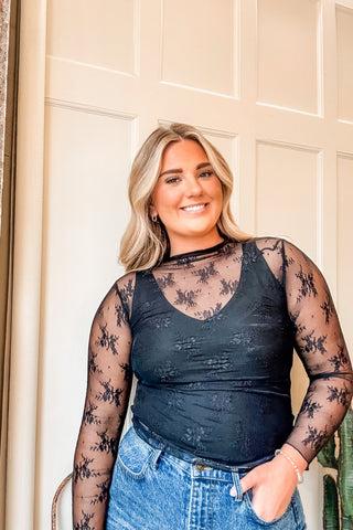 Black Lace Mock Neck Layering Top