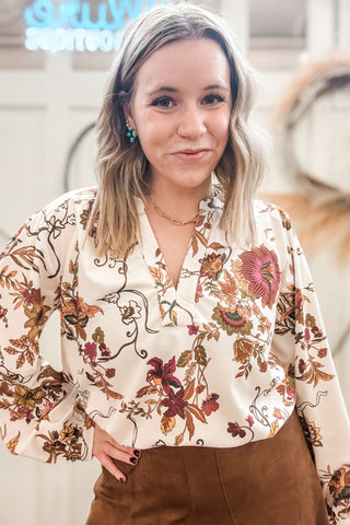 Floral V-Neck Long Sleeve Blouse