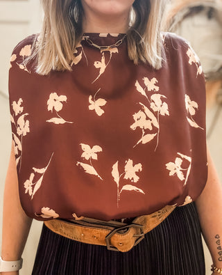 Floral Boatneck Shirred Satin Top