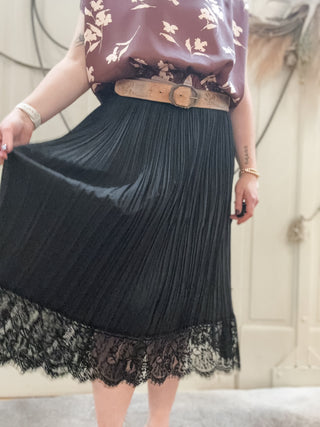 Black Pleated Midi Skirt with Lace Hem