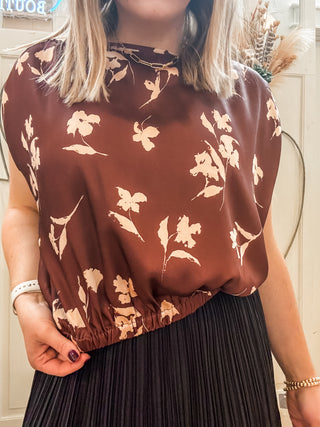 Floral Boatneck Shirred Satin Top