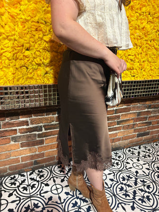 Satin Lace Hem Pencil Skirt