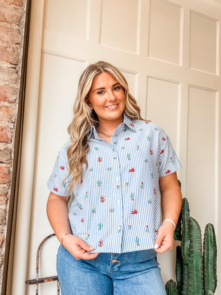 Cactus Print Button Front Blouse