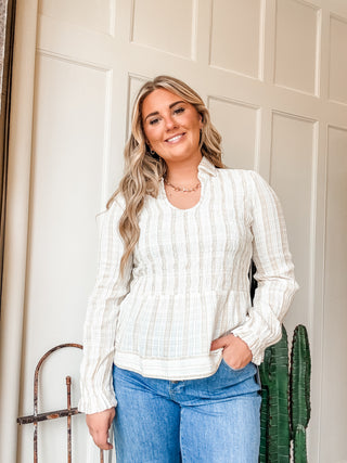 Long Sleeve Peplum Blouse with Smocking