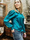 Teal Twist Neck Long Sleeve Blouse