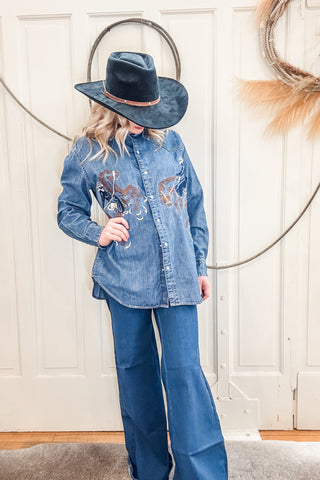 Denim Boyfriend Embroidered Snap Shirt