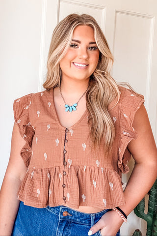 Brown Flutter Sleeve Blouse