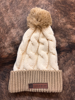 Cream + Tan Knitted Pom Beanie