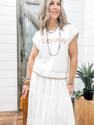 Cream & Mocha Trim Yeehaw Stitched Sweater