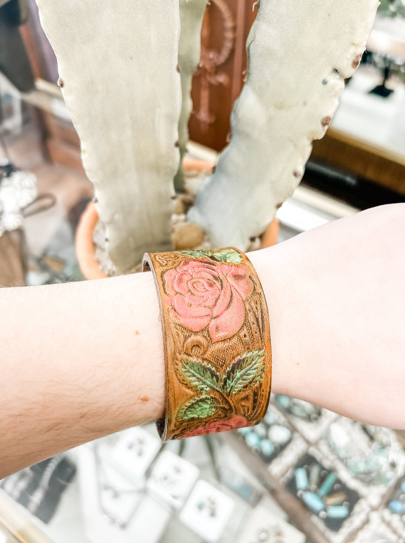 Hand Tooled Leather Strap Bracelet - Roses