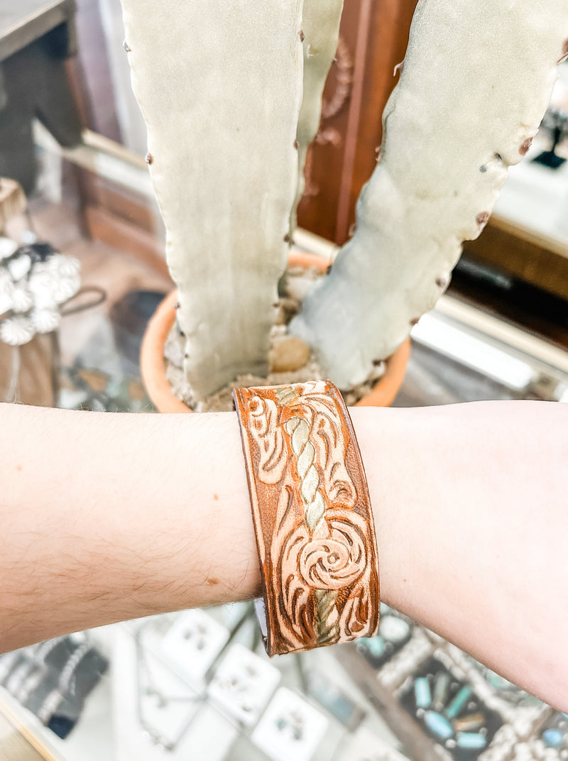 Hand Tooled Leather Strap Bracelet - Gold Rope