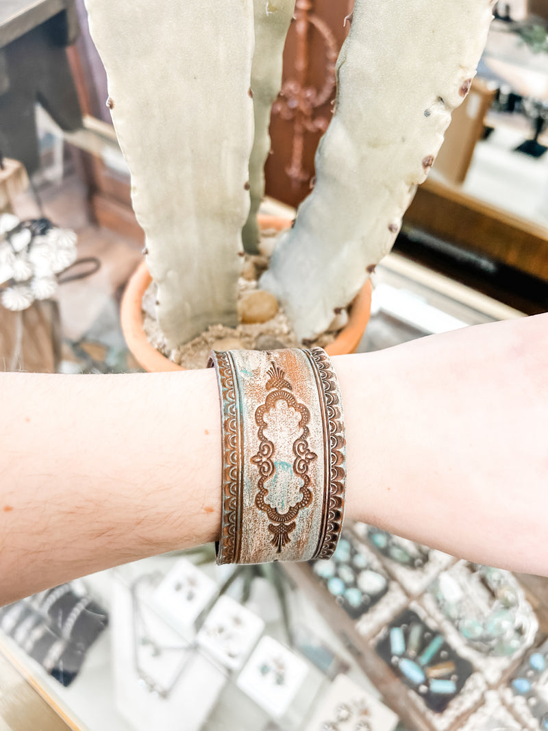 Hand Tooled Leather Strap Bracelet - Turquoise &  Brown Filigree