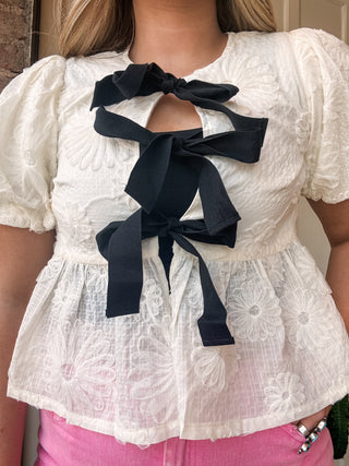 Floral Embroidered Bow Tie Top