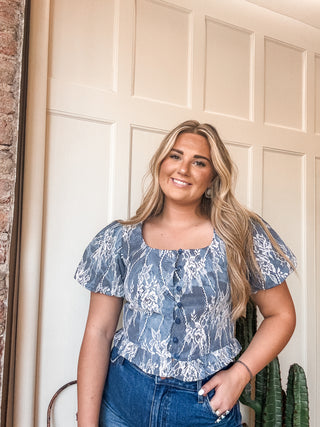 Lace Overlay Denim Peplum Top
