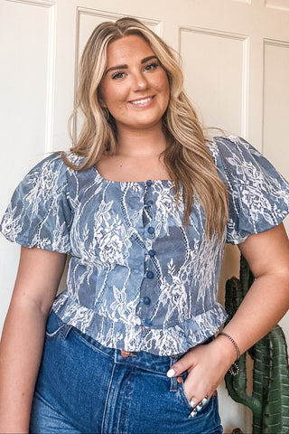 Lace Overlay Denim Peplum Top