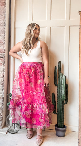 Ruffled Floral Print Organza Maxi Skirt