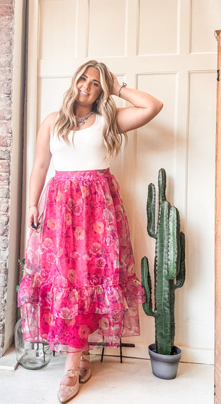 Ruffled Floral Print Organza Maxi Skirt