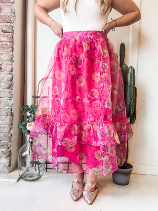 Ruffled Floral Print Organza Maxi Skirt