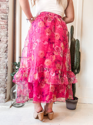 Ruffled Floral Print Organza Maxi Skirt