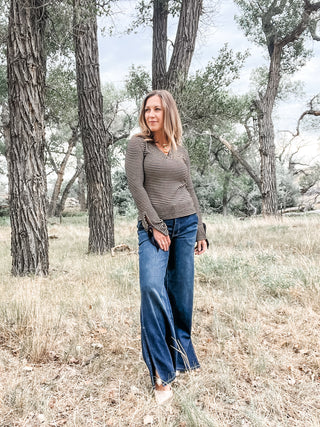 Long Sleeve V-Neck Knit Top with Ties