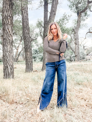 Long Sleeve V-Neck Knit Top with Ties