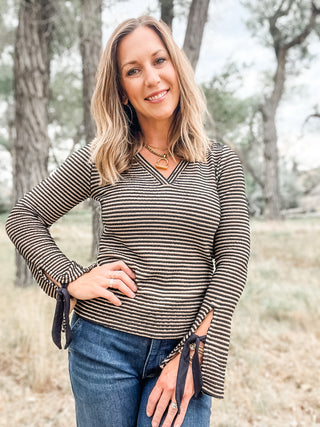 Long Sleeve V-Neck Knit Top with Ties