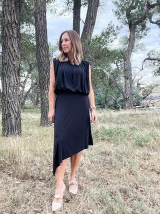 Sleeveless Draped Knit Asymmetrical Dress