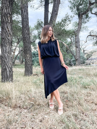 Sleeveless Draped Knit Asymmetrical Dress