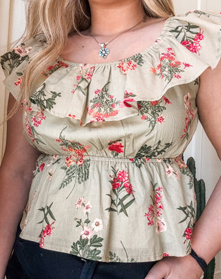 Floral Ruffle Neck Cotton Blouse