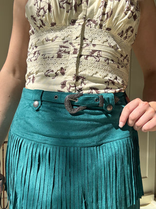 Microsuede Fringe Skirt Teal
