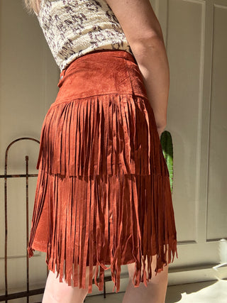 Microsuede Fringe Skirt Rust