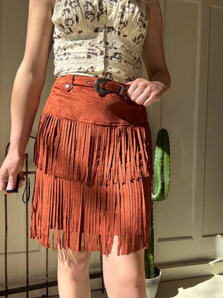 Microsuede Fringe Skirt Rust