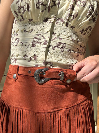 Microsuede Fringe Skirt Rust