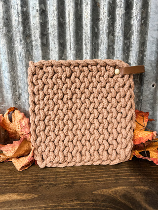 Cotton Crocheted Pot Holder with Leather Loop