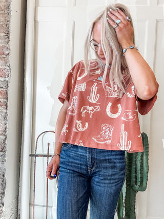 Western Print Boxy Tee