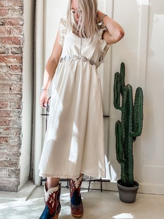 Contrast Stitch Tie Back Twill Midi Dress