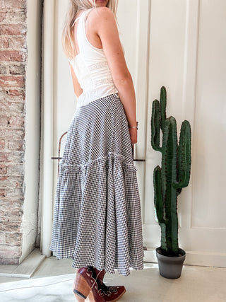 Textured Gingham Ruffle Midi Skirt