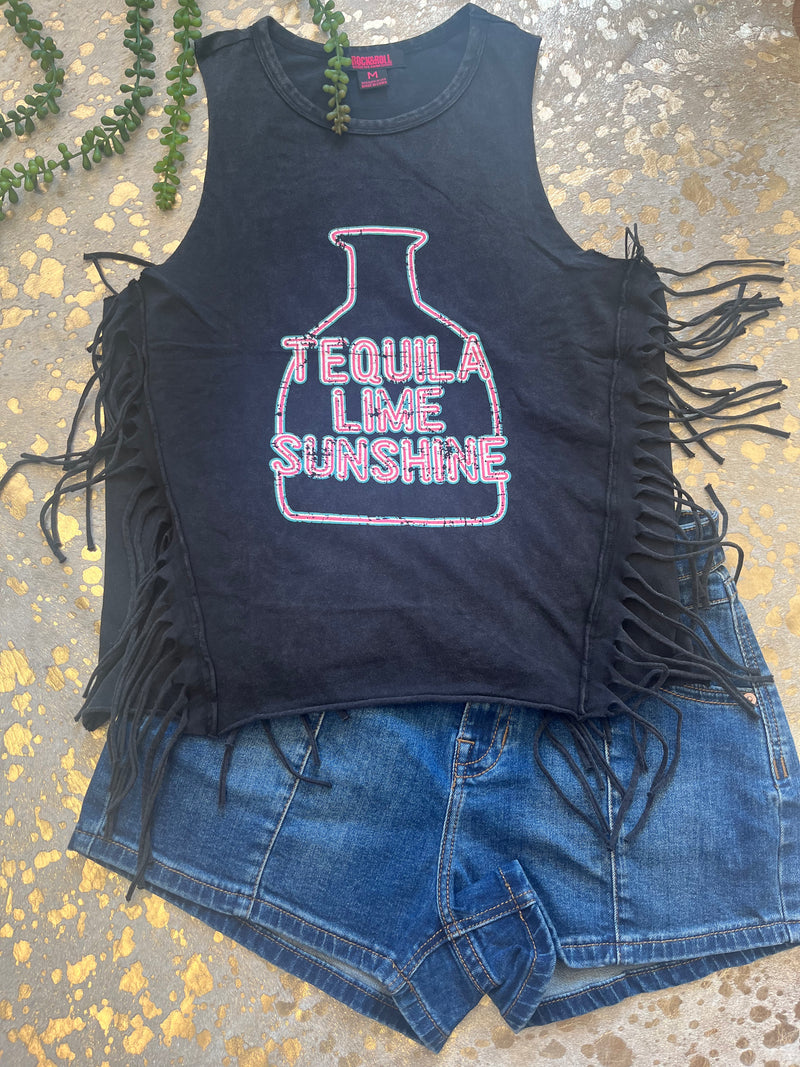 Black Tequila, Lime, Sunshine Tank with Fringe
