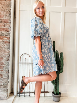 Floral Embroidered Puff Sleeve Mini Dress