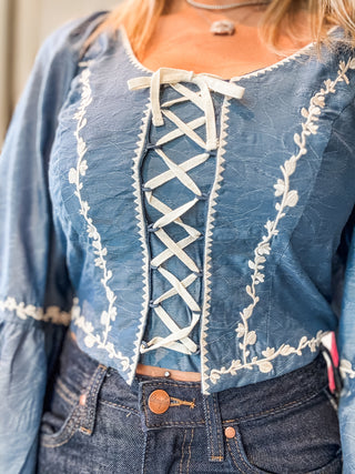 Lace Up Embroidered Puff Sleeve Top
