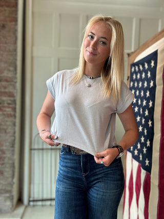 Cropped Cuff Sleeve Basic Tee