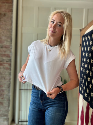 Cropped Cuff Sleeve Basic Tee